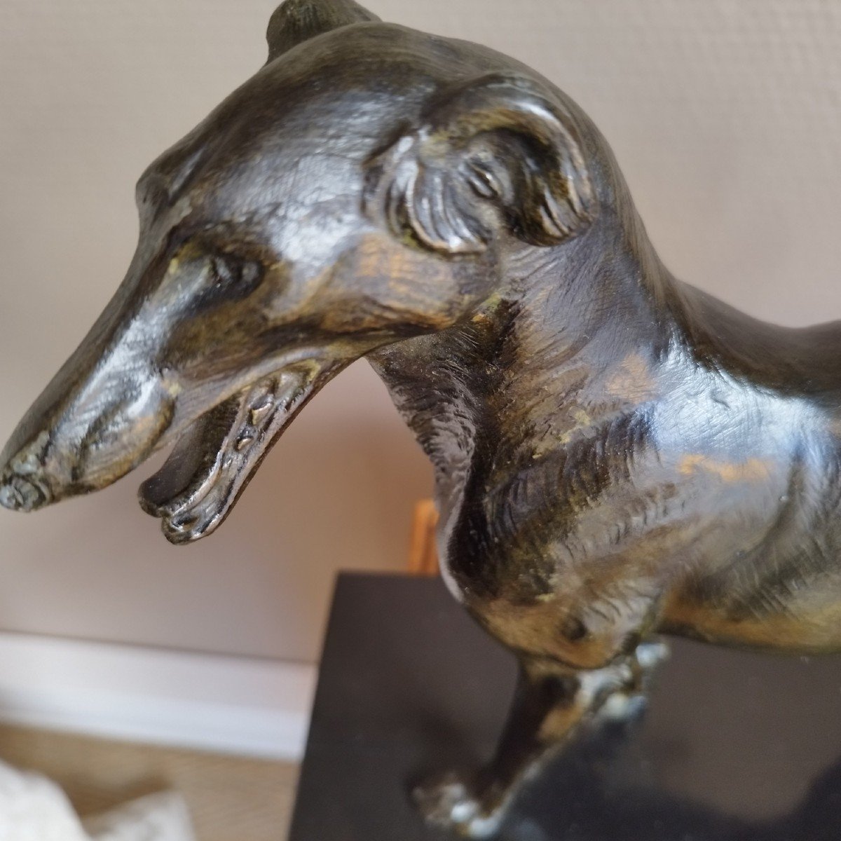 Greyhound Sculpture In Spelter, Signed Carvin-photo-2