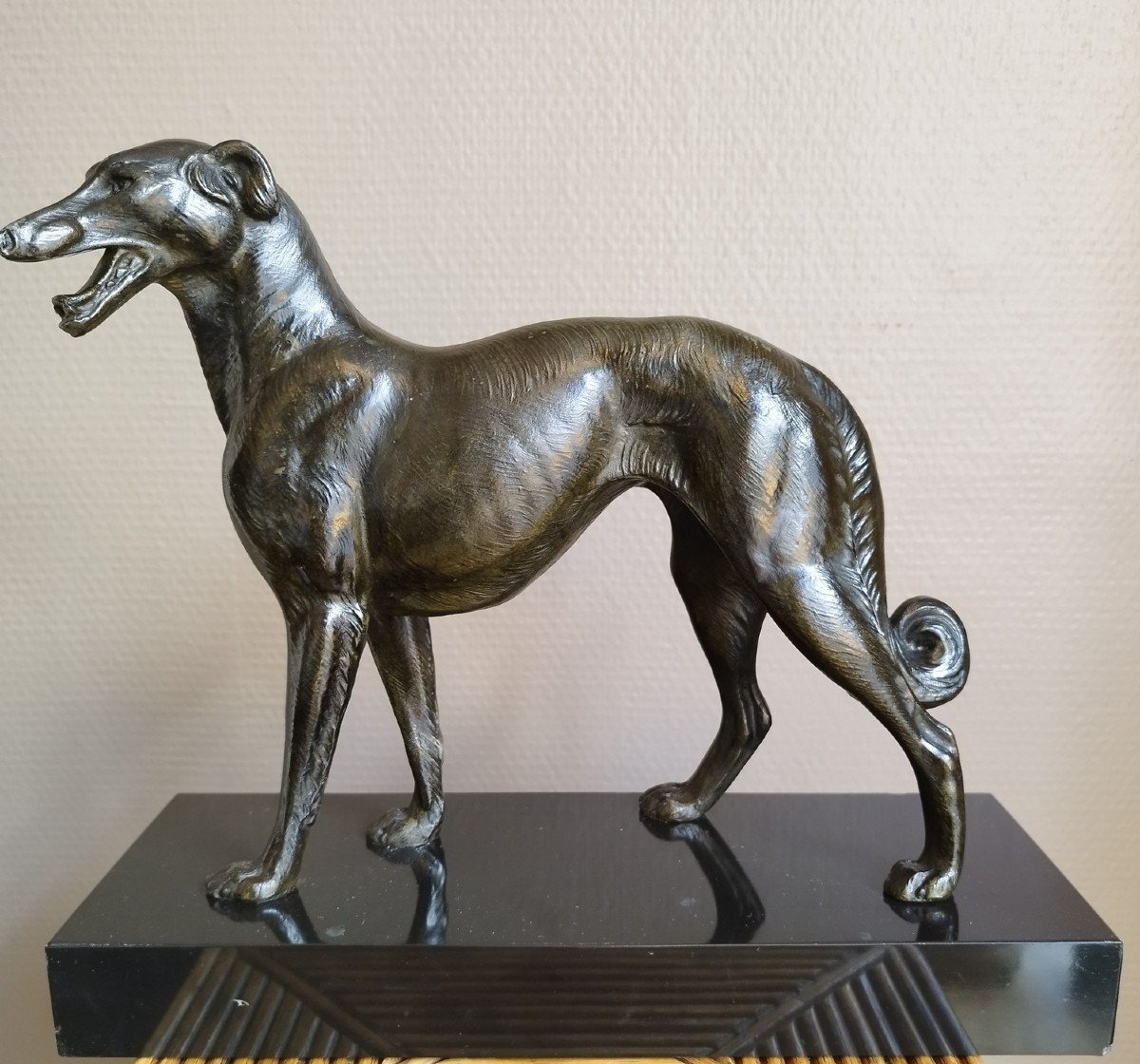 Greyhound Sculpture In Spelter, Signed Carvin