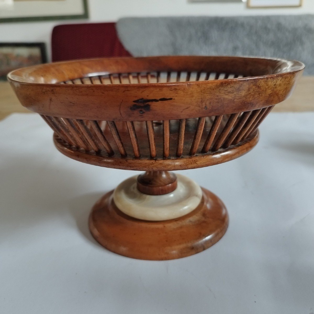 Small Fruit Basket In Cherry Wood And Alabaster, Italy, 19th Century-photo-2