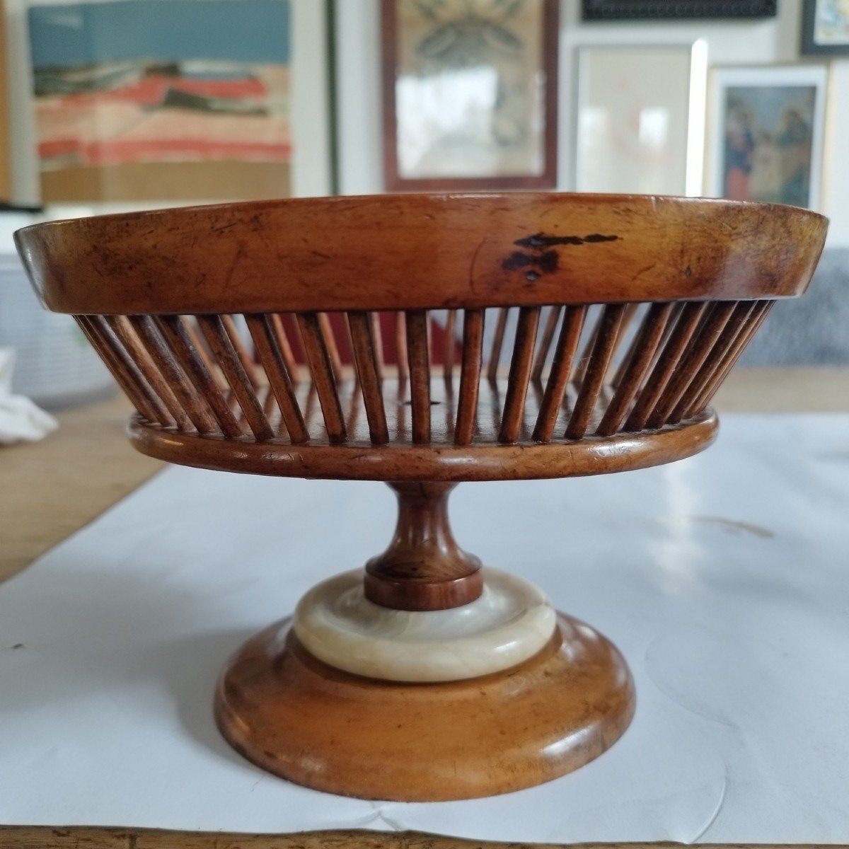 Small Fruit Basket In Cherry Wood And Alabaster, Italy, 19th Century-photo-3