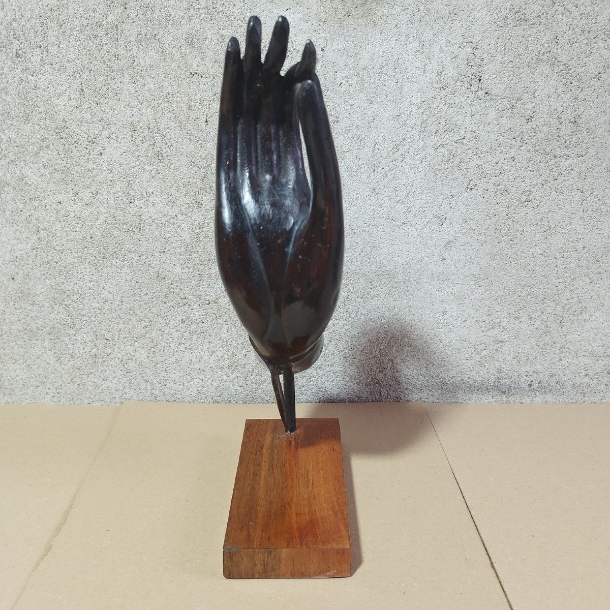 Main De Bouddha En Bronze Sur Socle En Bois-photo-3