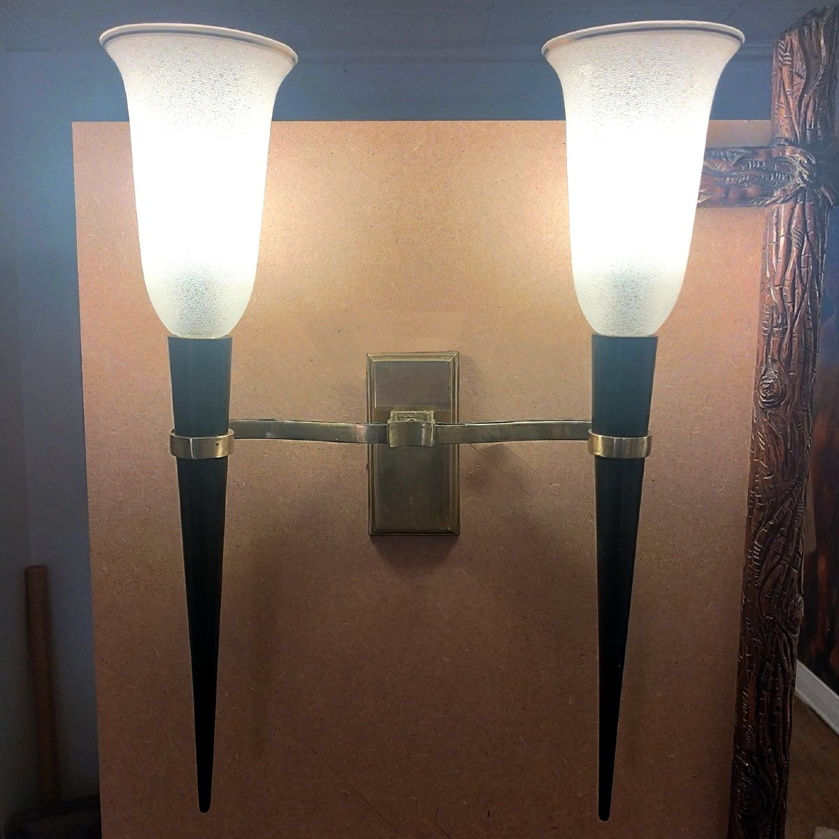 Pair Of Large Bronze And Wood Sconces, 1950-photo-2