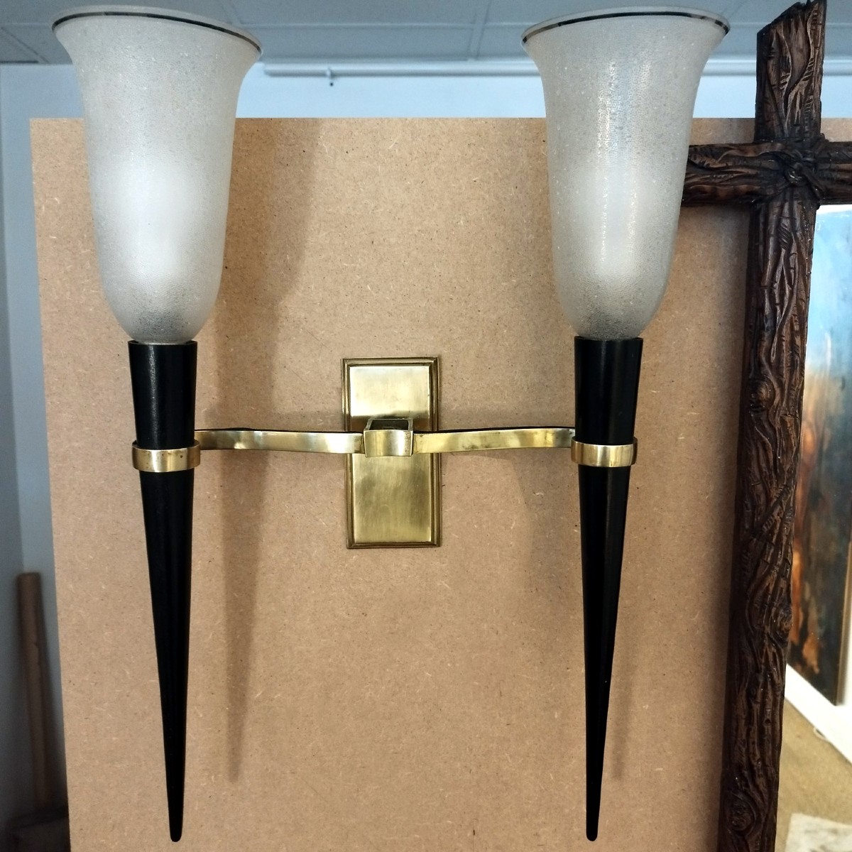 Pair Of Large Bronze And Wood Sconces, 1950