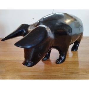 Large Dark Stained Wooden Pig