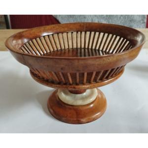 Small Fruit Basket In Cherry Wood And Alabaster, Italy, 19th Century