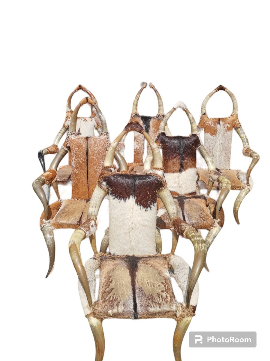 Set Of Six Armchairs And A Bench In Buffalo Horns And Designer Skin-photo-2