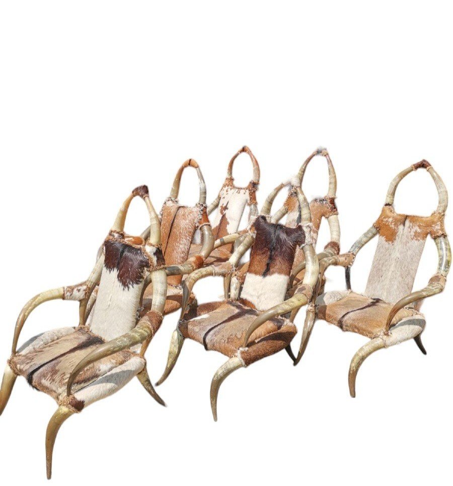 Set Of Six Armchairs And A Bench In Buffalo Horns And Designer Skin