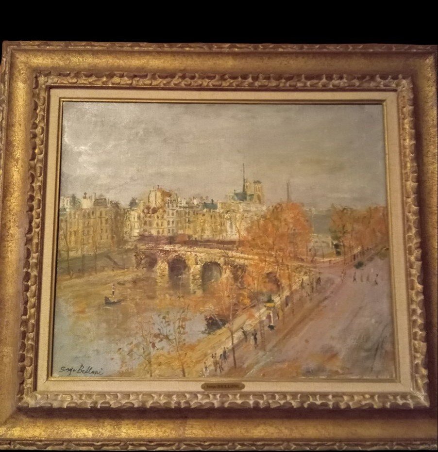 Painting By Serge Belloni Representing A View Of Paris On A Quay Of The Seine