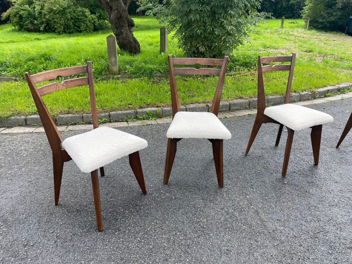 Guillerme And Chambron, Suite Of 10 Oak Chairs, Seats Redone In Wool, Circa 1960/1970-photo-2