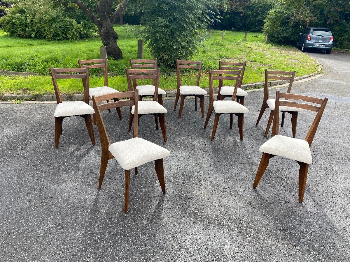 Guillerme And Chambron, Suite Of 10 Oak Chairs, Seats Redone In Wool, Circa 1960/1970-photo-3