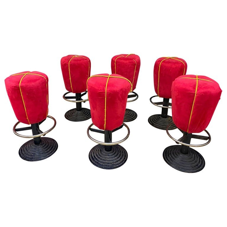 6 Amusing Stools Circa 1970, Cast Iron Base-photo-2