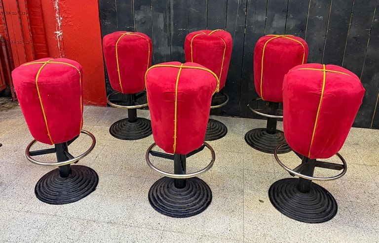 6 Amusing Stools Circa 1970, Cast Iron Base-photo-4