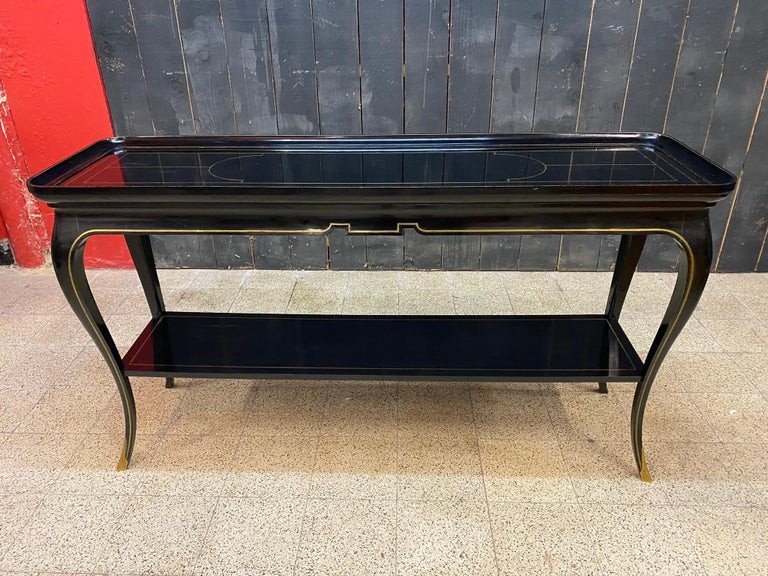 Maison Jansen, Exceptional Console In Blackened Pearwood And Brass Inlays Circa 1960-photo-1