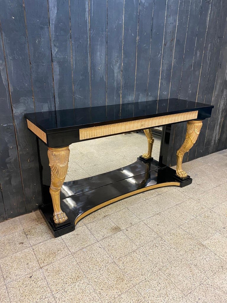 Console And Its Neoclassical Mirror In Golden And Lacquered Wood, Circa 1950-photo-6