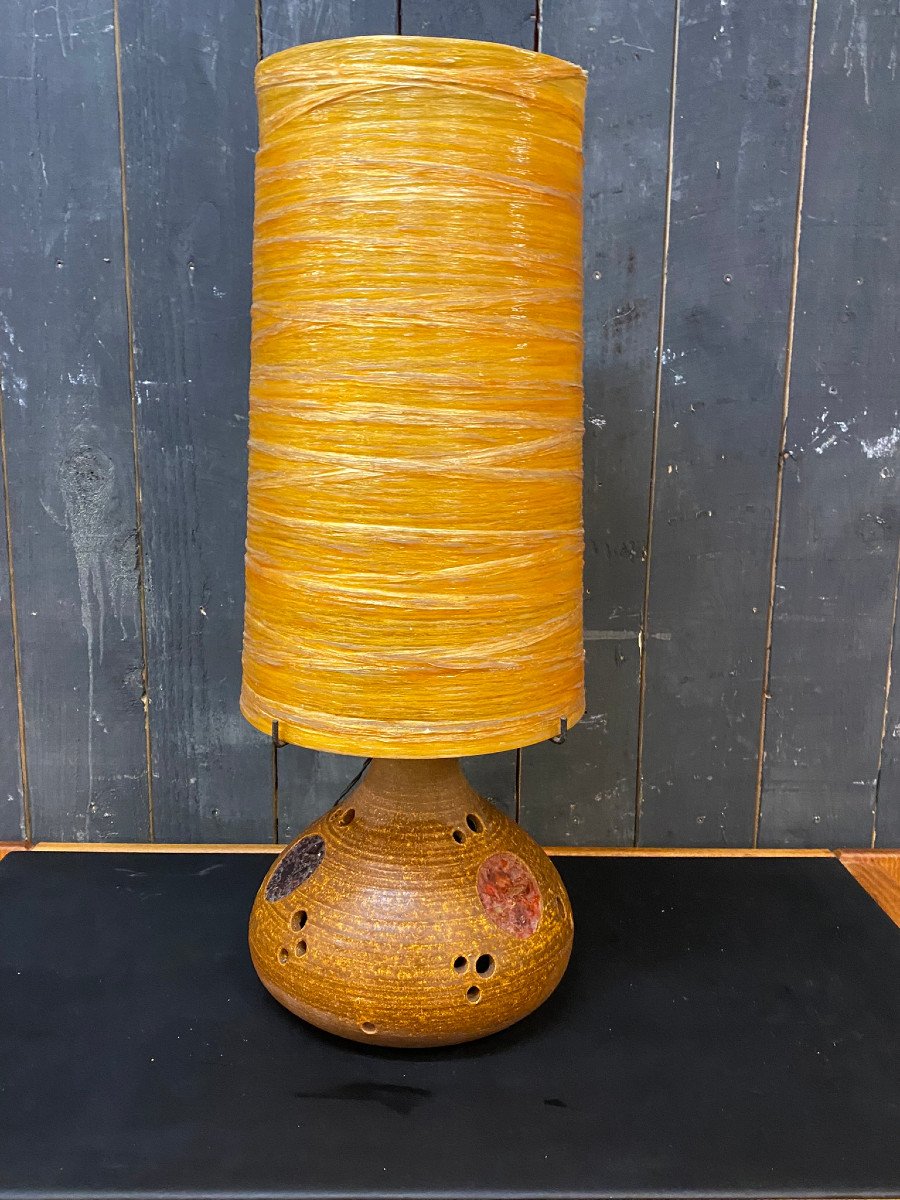 1950 Terracotta Lamp, And Its Original Resin Shade-photo-3