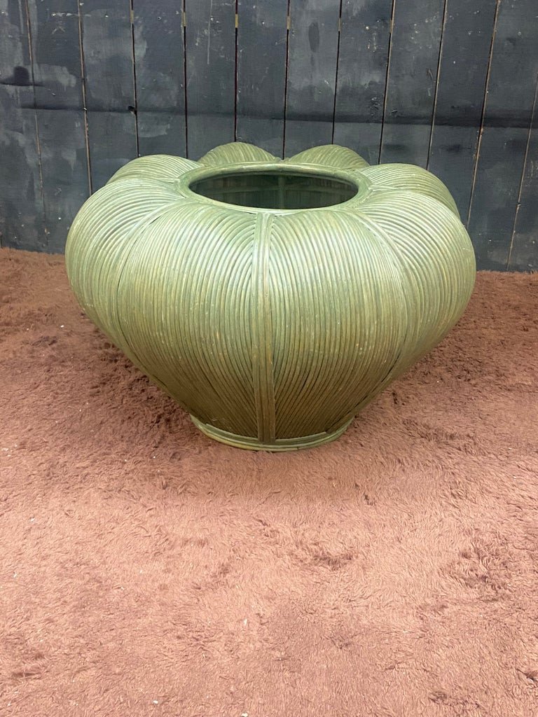 Large Tinted Rattan Planter (water Green) Circa 1970