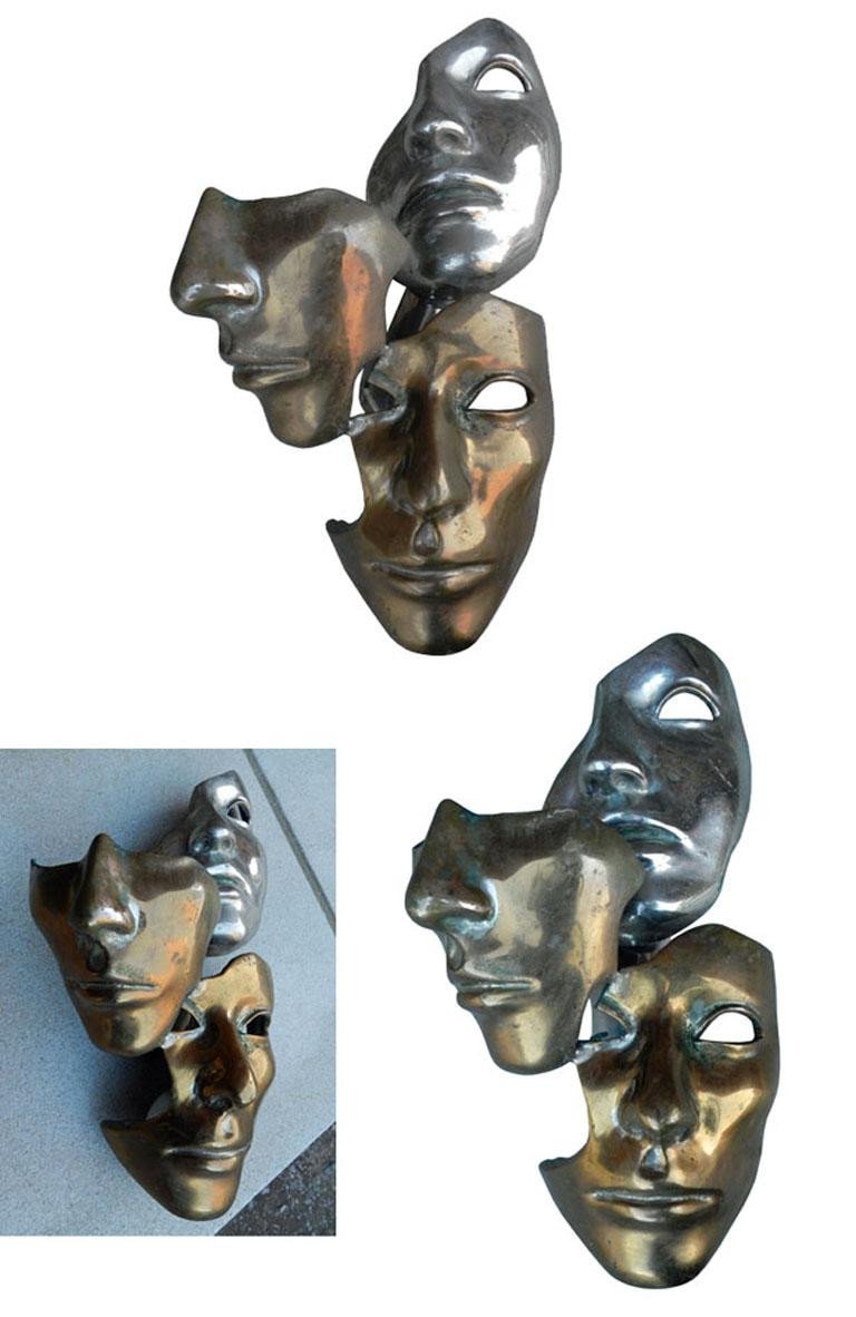 Lampe Sculpture A Decor De Visage En Bronze A 3 Patines Circa 1960/1970-photo-2