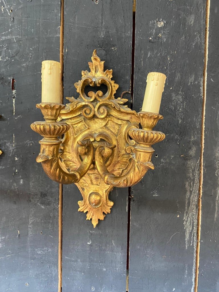 Pair Of Golden Wood Sconces, Baroque Style, Circa 1930/1950-photo-3