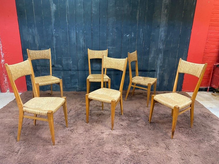 Genevieve Pons (attributed To) Suite Of 6 Straw Chairs Circa 1950/1960-photo-1