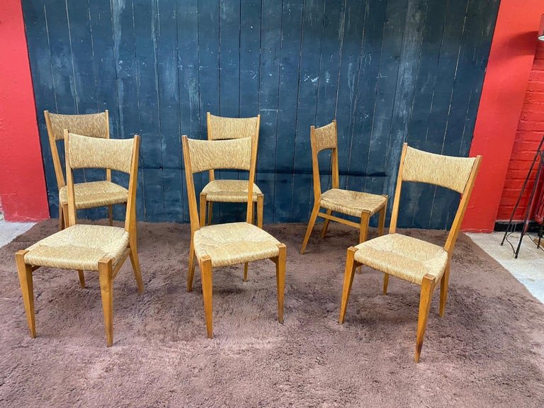 Genevieve Pons (attributed To) Suite Of 6 Straw Chairs Circa 1950/1960