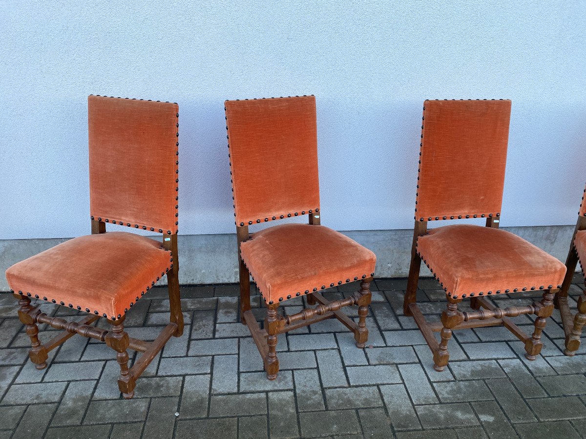 Series Of 6 Louis XIII Style Chairs In Oak And Velvet, Circa 1950-photo-3