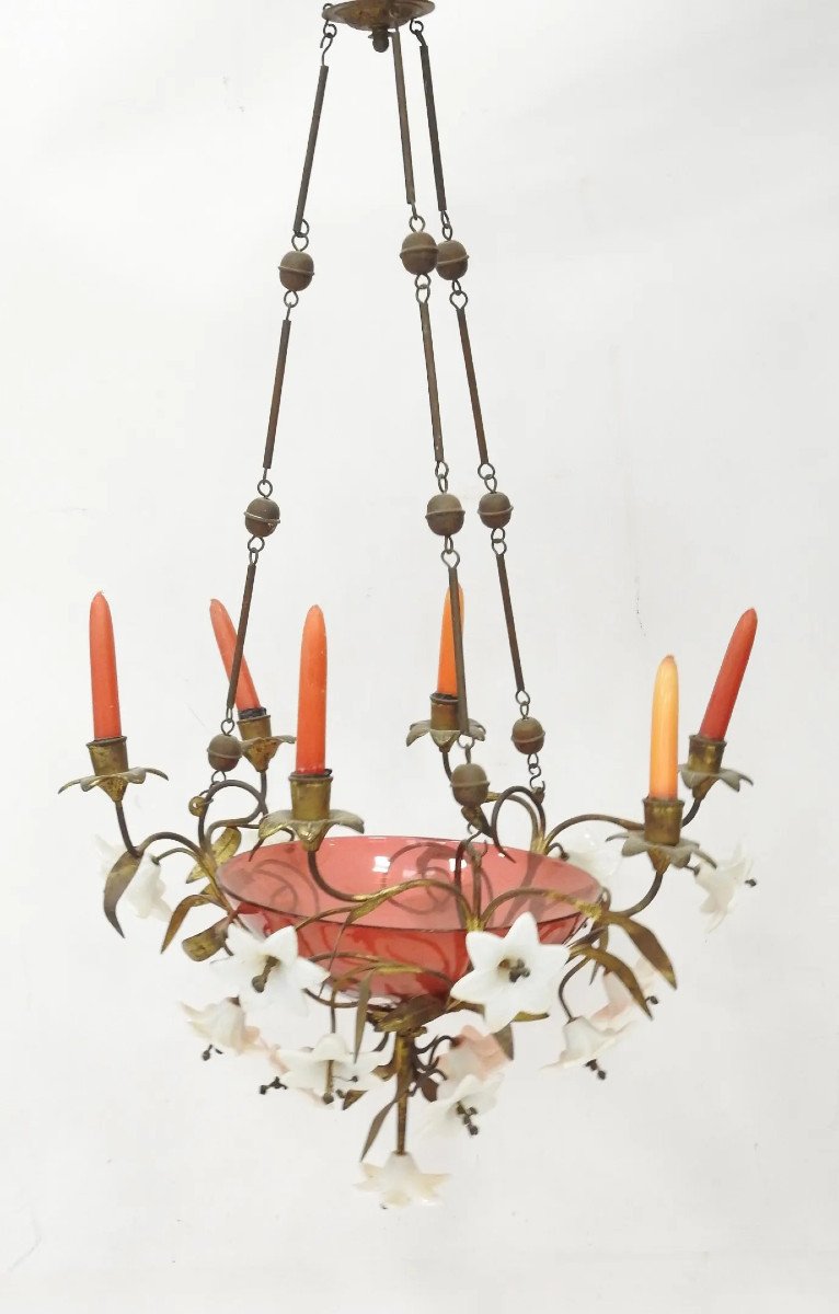 Charming 19th Century Chandelier In Bronze, Tinted Glass, With 6 Arms Of Light, 