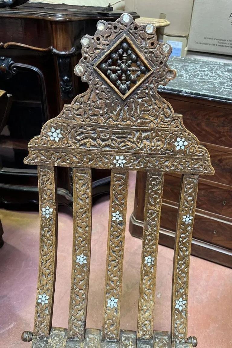 Pair Of Foldable Oriental Chairs In Carved Wood And Bone Inlay, 19th Century-photo-2