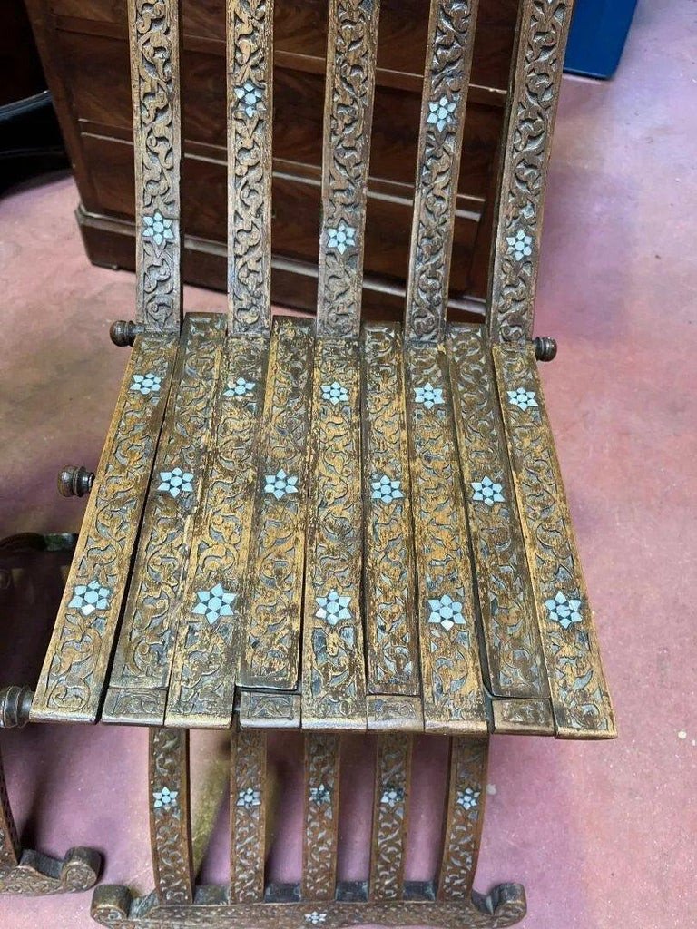 Pair Of Foldable Oriental Chairs In Carved Wood And Bone Inlay, 19th Century-photo-4