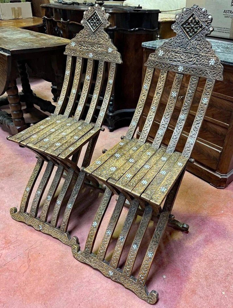 Pair Of Foldable Oriental Chairs In Carved Wood And Bone Inlay, 19th Century