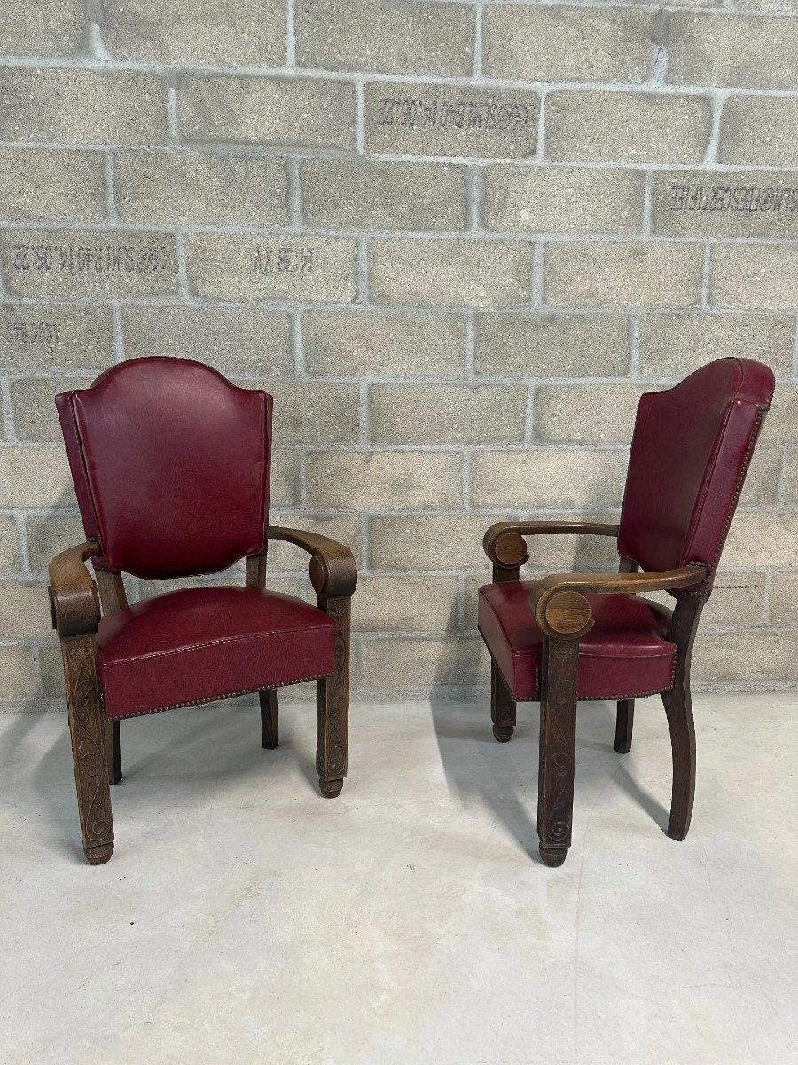 Francisque Chalessin (1872-1951) Pair Of Bridge Armchairs In Oak Circa 1940/1950