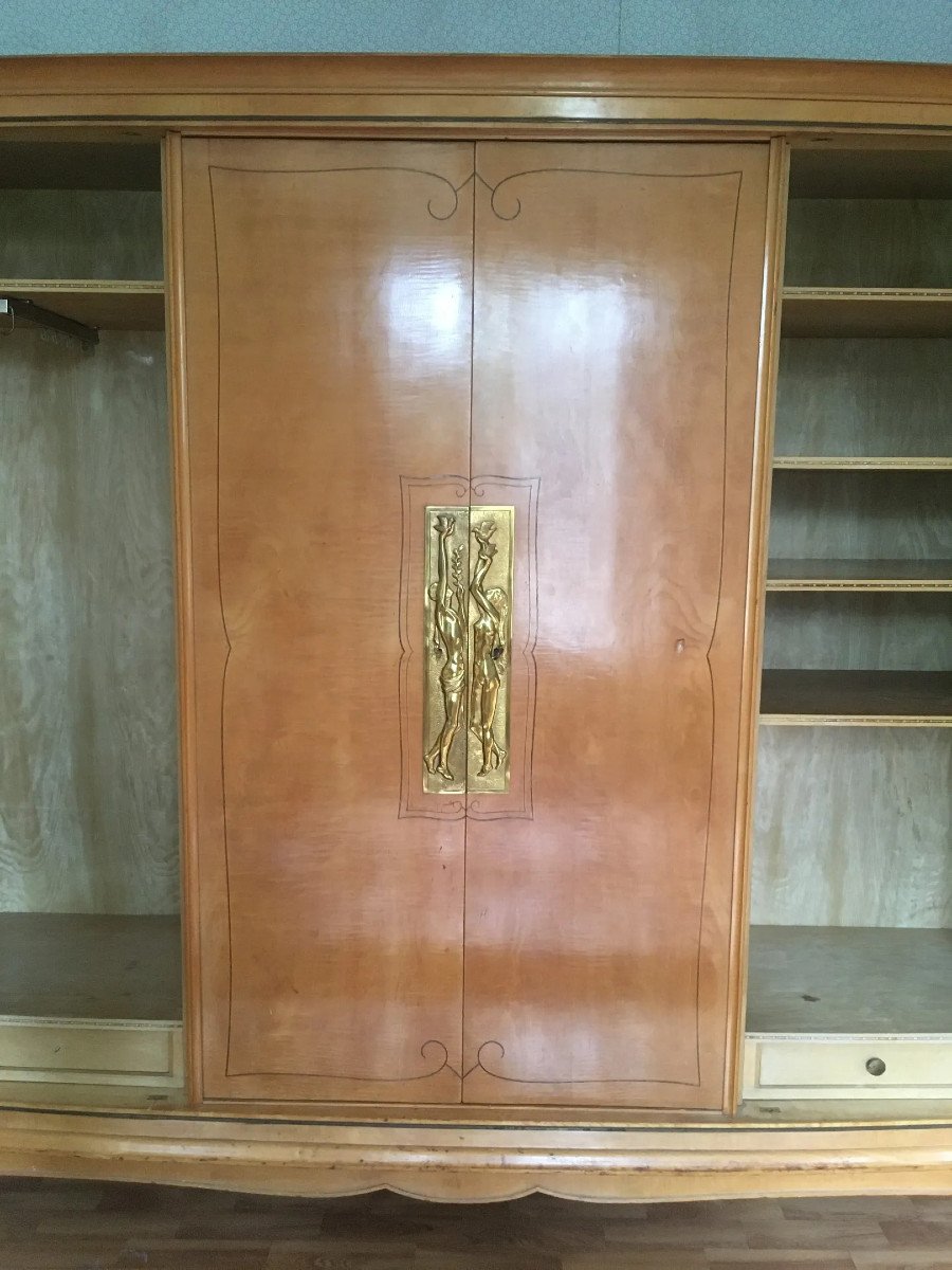 Art Deco Sycamore And Bronze Wardrobe And Bed Circa 1930/1950-photo-1