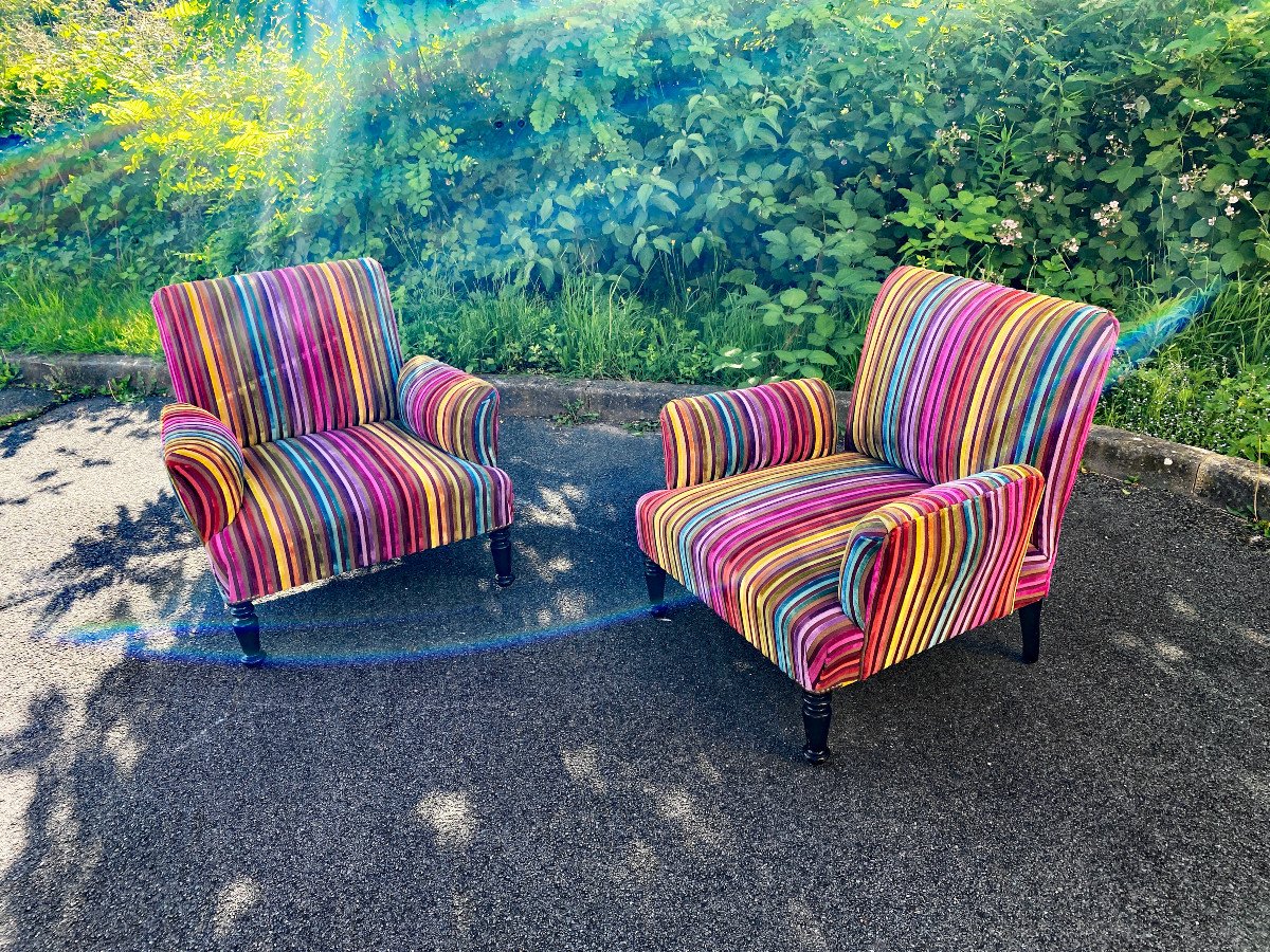 Pair Of Napoleon III Armchairs, Restored Multi Color Velvet-photo-3