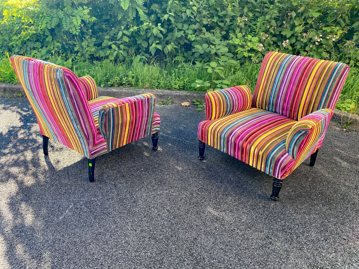 Pair Of Napoleon III Armchairs, Restored Multi Color Velvet-photo-6