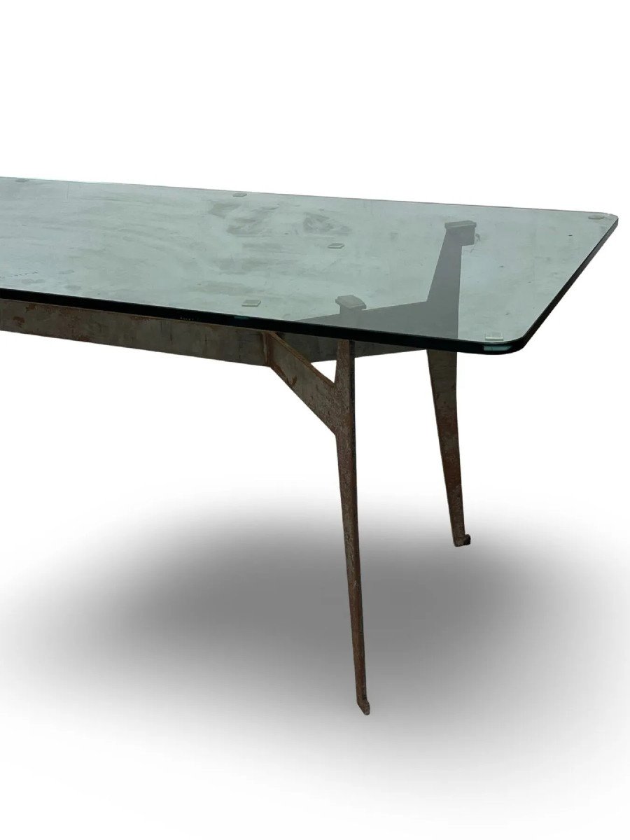 Jacques Quinet (1918-1992) Attribué à , Grande Table En Métal Et Verre Circa 1970-photo-2