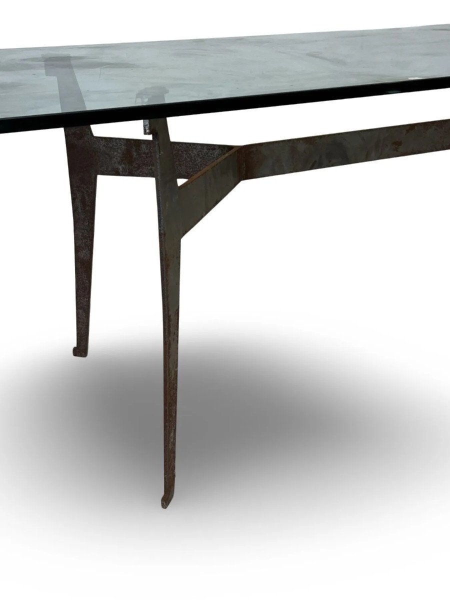 Jacques Quinet (1918-1992) Attribué à , Grande Table En Métal Et Verre Circa 1970-photo-3