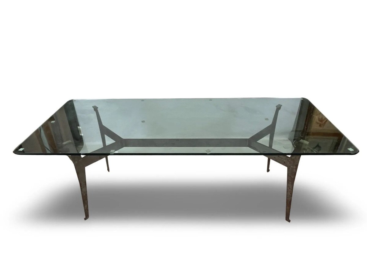 Jacques Quinet (1918-1992) Attribué à , Grande Table En Métal Et Verre Circa 1970-photo-4