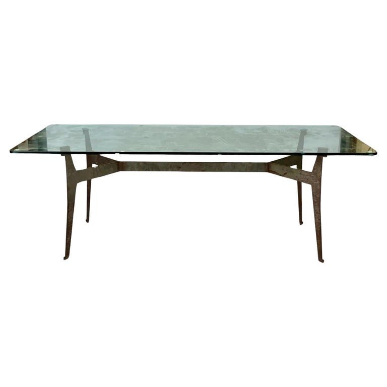 Jacques Quinet (1918-1992) Attribué à , Grande Table En Métal Et Verre Circa 1970