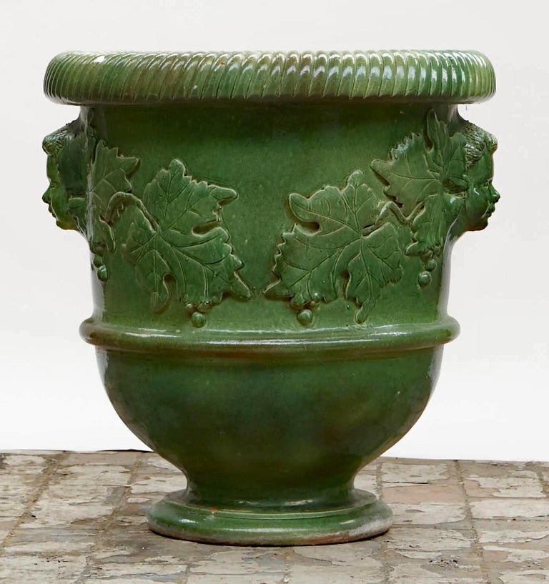 Very Large Medici Basin In Glazed Terracotta Decorated With Faces And Vine Leaves 