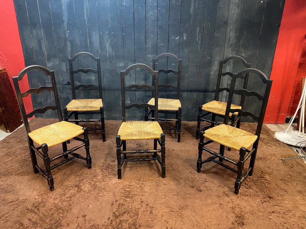 6 Friendly Neo-rustic Chairs In Blackened Wood Circa 1950/1960-photo-1