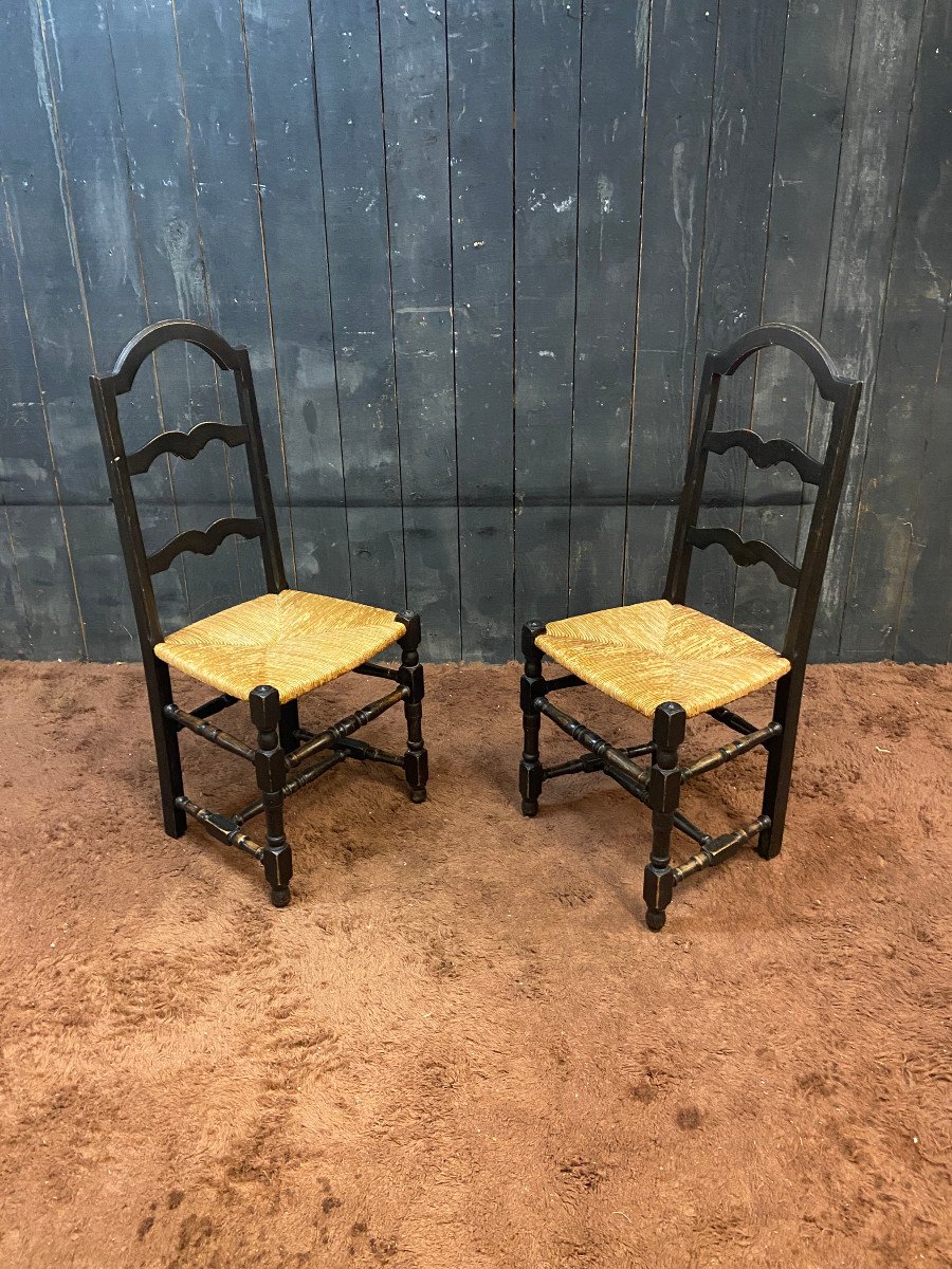 6 Friendly Neo-rustic Chairs In Blackened Wood Circa 1950/1960-photo-3