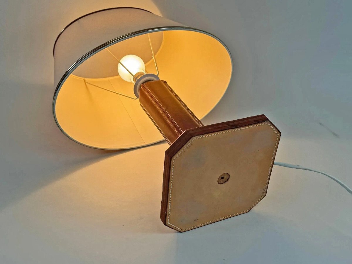 Leather Lamp, Saddler Stitching In The Style Of Jacques Adnet, Pd Lafon Circa 1950-photo-1