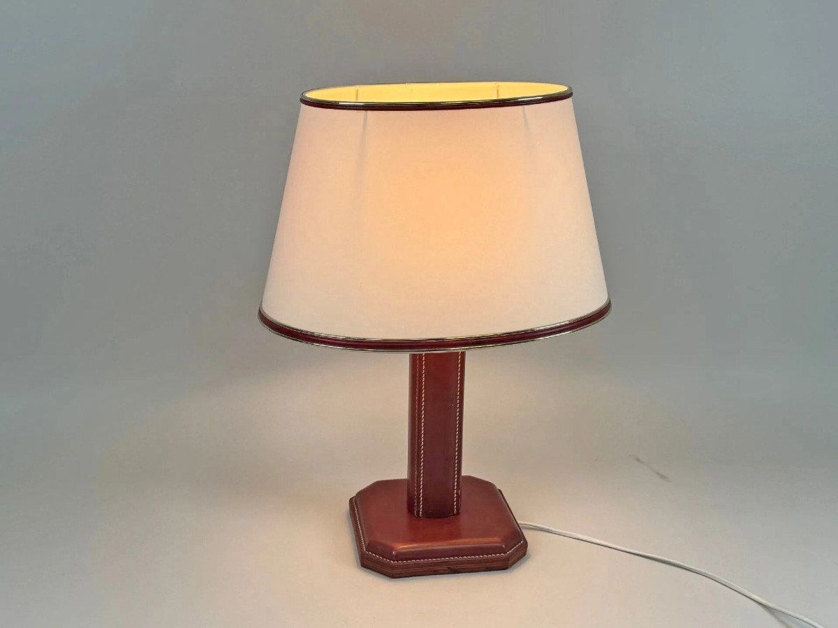 Leather Lamp, Saddler Stitching In The Style Of Jacques Adnet, Pd Lafon Circa 1950