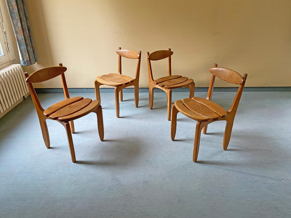 4 Chaises " Thierry" En Chêne Massif Par Guillerme Et Chambron , Circa 1960/1970-photo-3