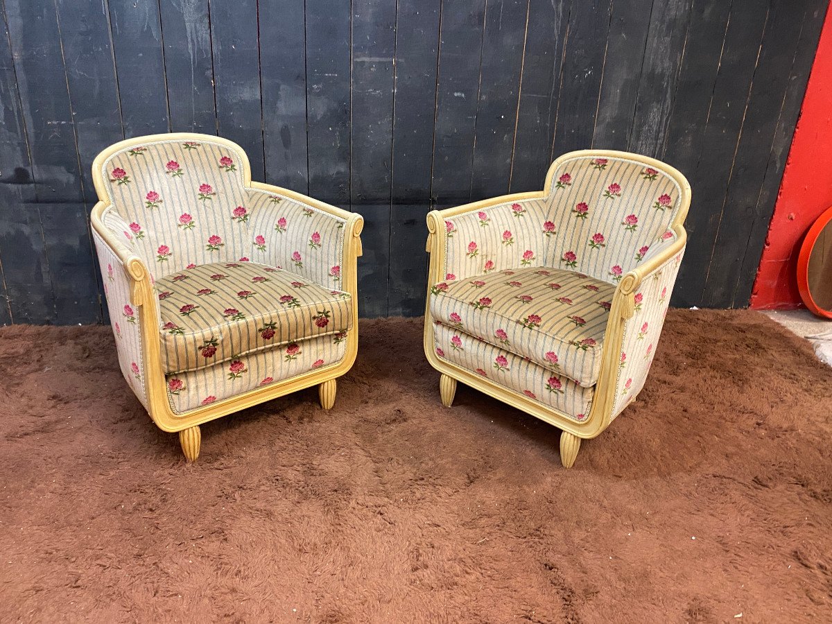 Pair Of Art Deco Armchairs, Lacquered Wood And Velvet, Circa 1920/1930