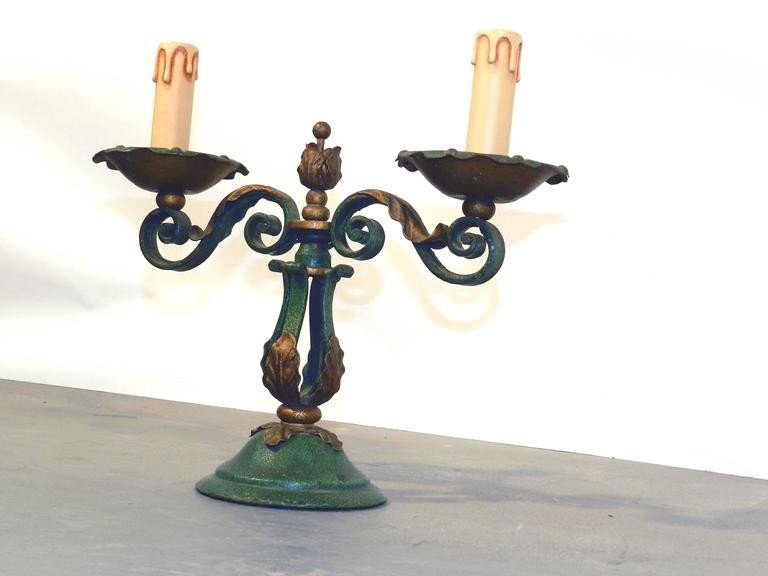 Art Deco Work Circa 1940 Pair Of Lacquered And Gilded Wrought Iron Lamps -photo-3