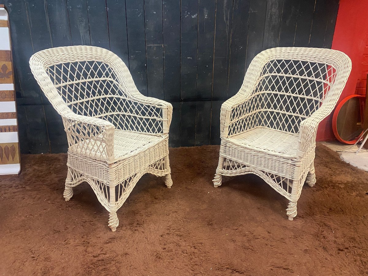 Rare Ensemble De12 Fauteuils De Véranda En Rotin Laqué Blanc, Et Leurs Coussins Circa 1970-photo-2