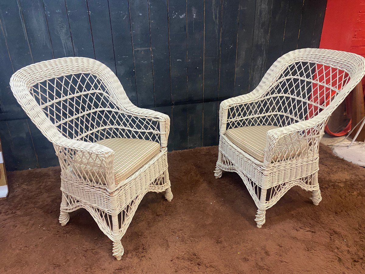 Rare Ensemble De12 Fauteuils De Véranda En Rotin Laqué Blanc, Et Leurs Coussins Circa 1970-photo-2