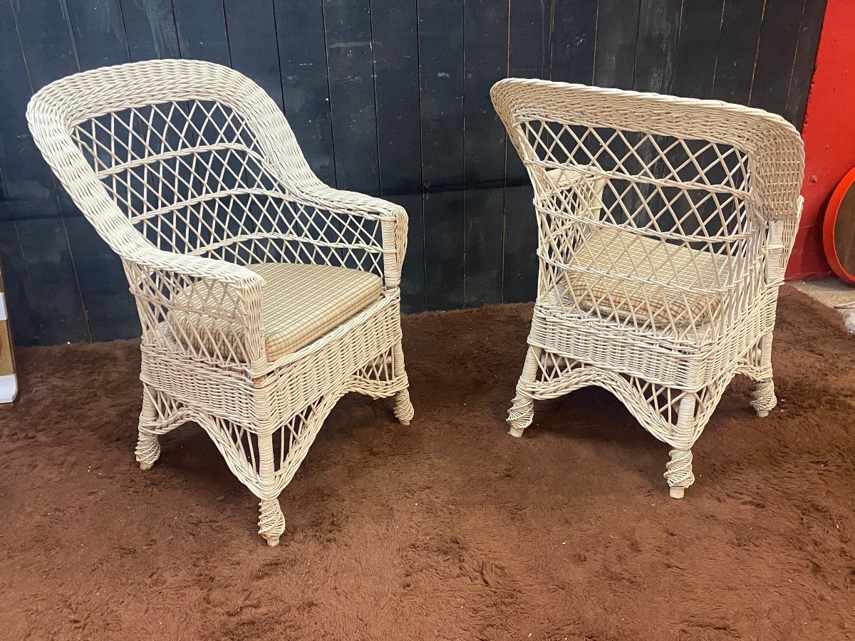 Rare Ensemble De12 Fauteuils De Véranda En Rotin Laqué Blanc, Et Leurs Coussins Circa 1970-photo-3