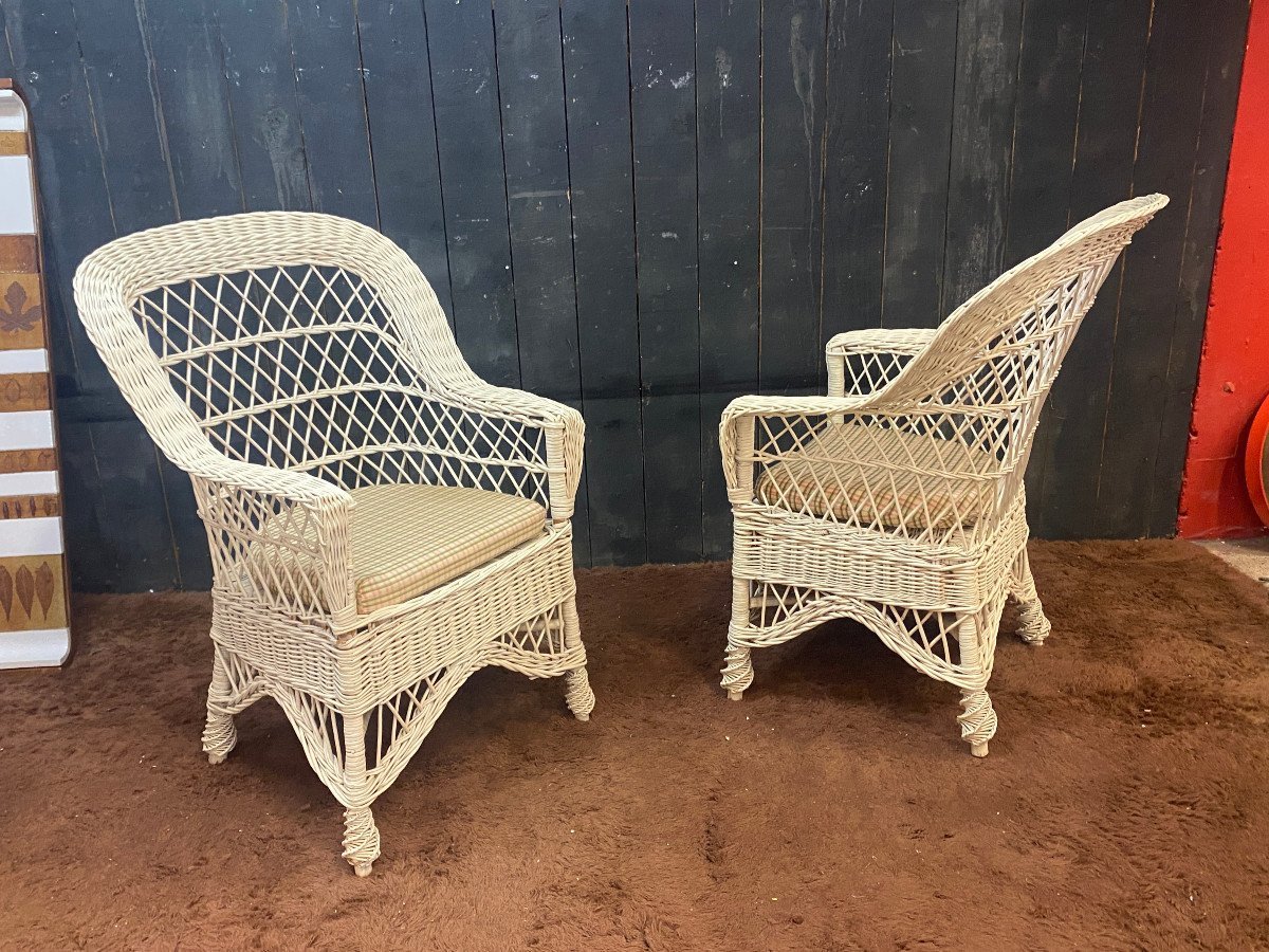 Rare Ensemble De12 Fauteuils De Véranda En Rotin Laqué Blanc, Et Leurs Coussins Circa 1970-photo-5