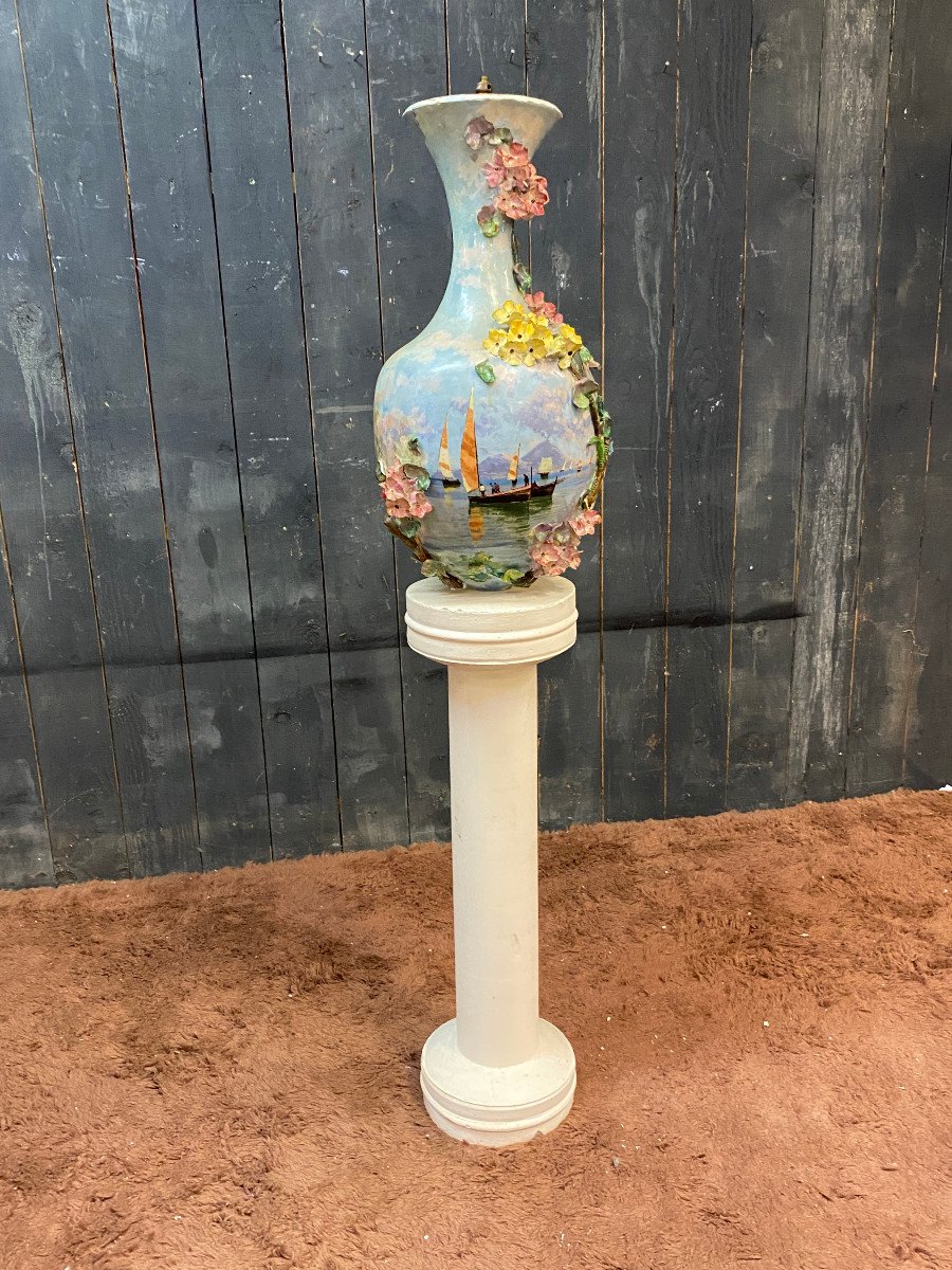 Large Vase Mounted As A Lamp In Polychrome Barbotine Cold Decorated Called "impressionist" End Of The 19th Century-photo-3